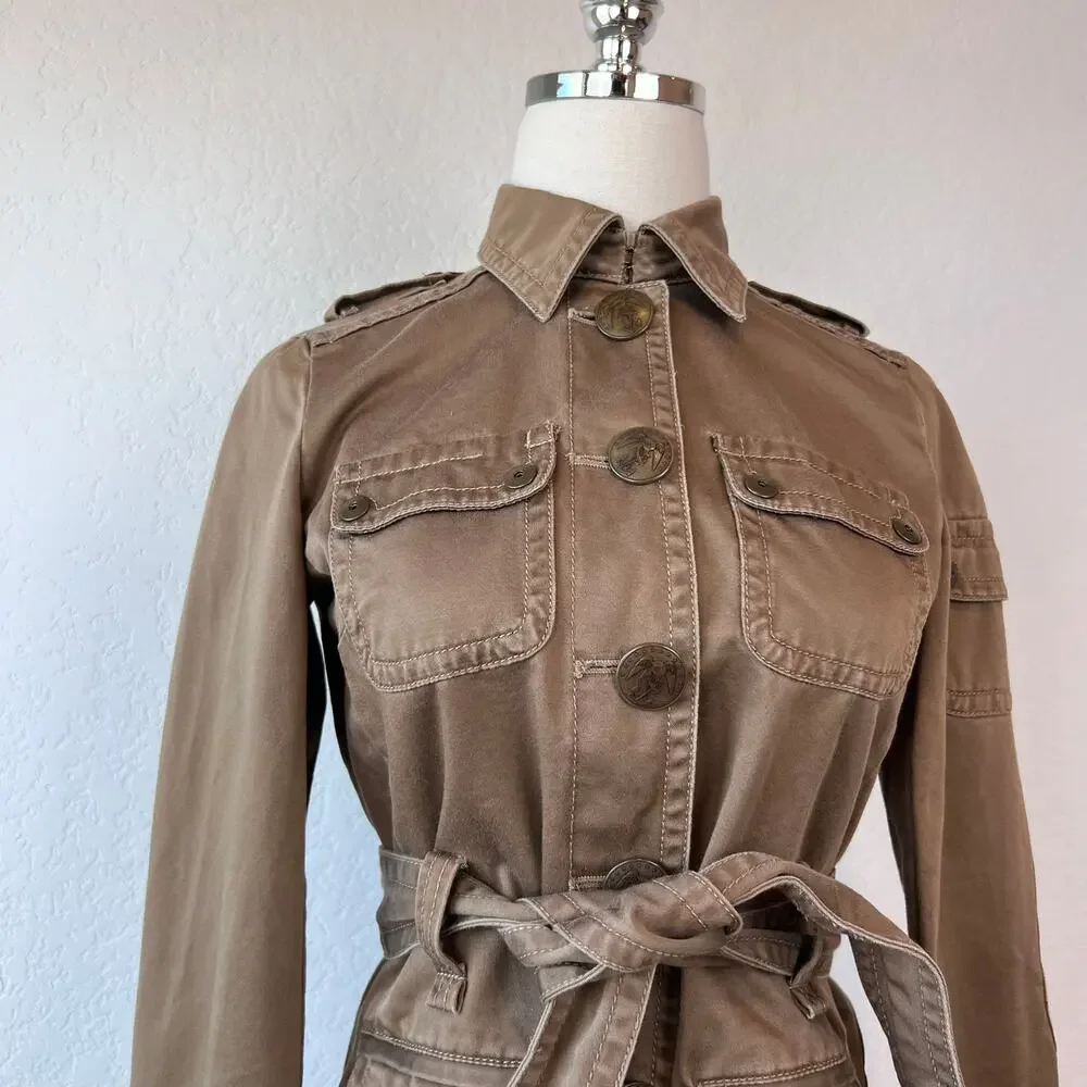 Vintage Y2K J Crew Military Utility Cargo Jacket size XS Cotton Belted Tan - Picture 3 of 14